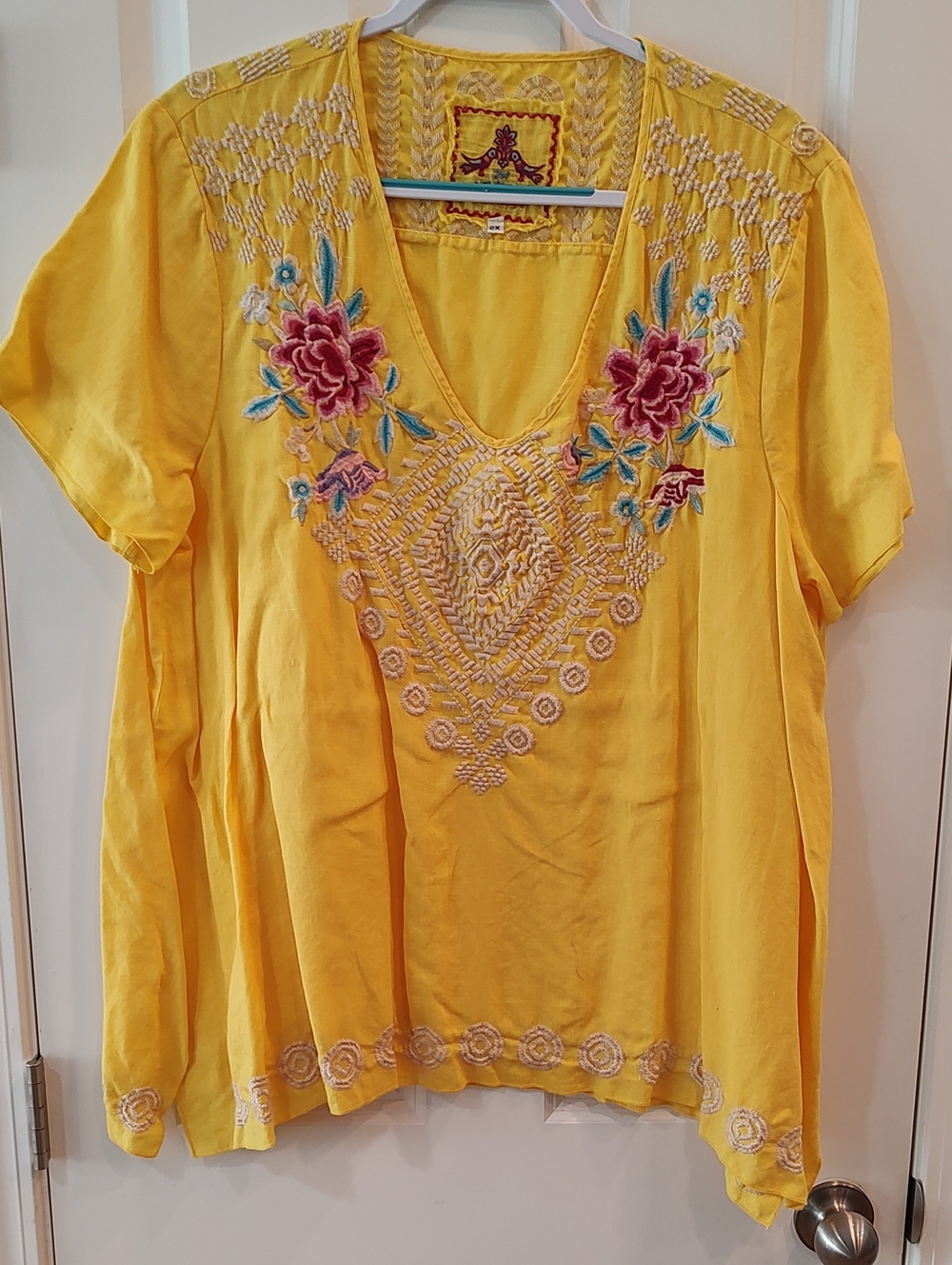 Johnny Was Yellow Embroidered V-Neck Tunic In Linen
